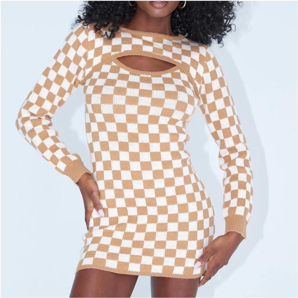 PRINCESS POLLY Dana Checkered Knit Cut-Out Mini Sweater Dress, XS/S NWT